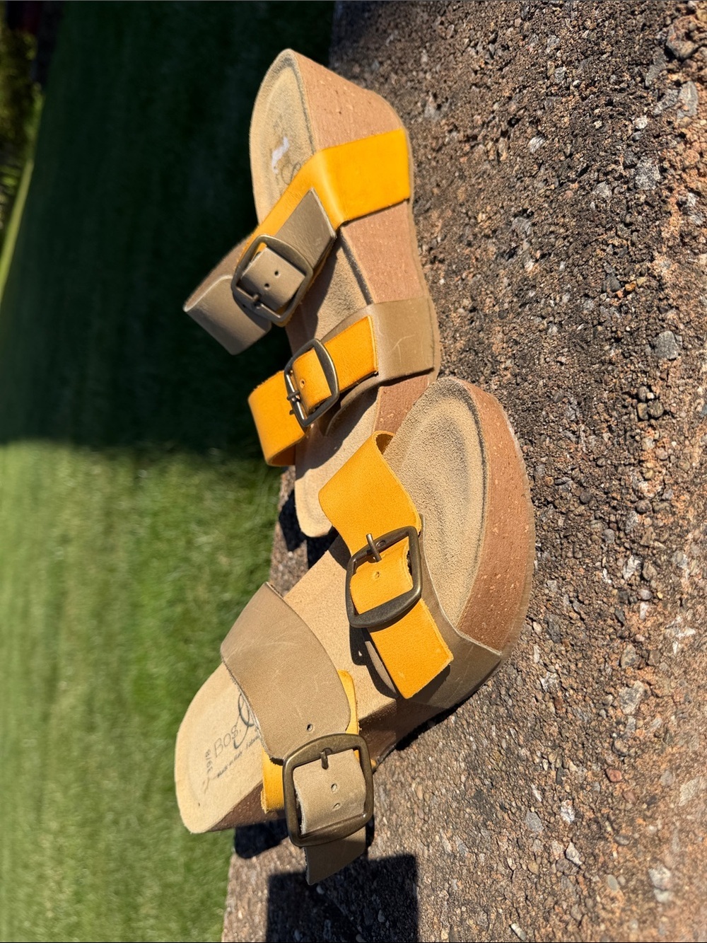 Bos. & Co.  Yellow and Tan Buckle Platform Sandals